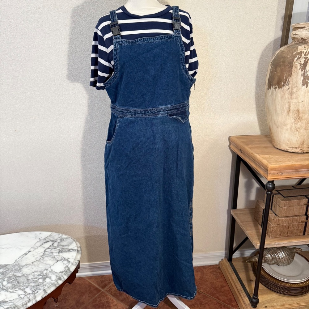 Classic‎ Blue Denim Maxi Overall Dress Jean Bib Skirt Button Front Pockets